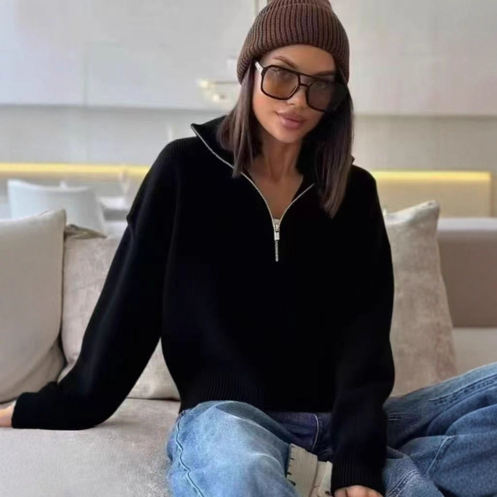 Damen-Strickpullover mit Stehkragen und Reißverschluss