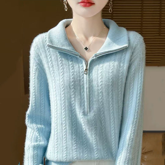 Damen-Strickpullover mit Zopfmuster und Reißverschluss