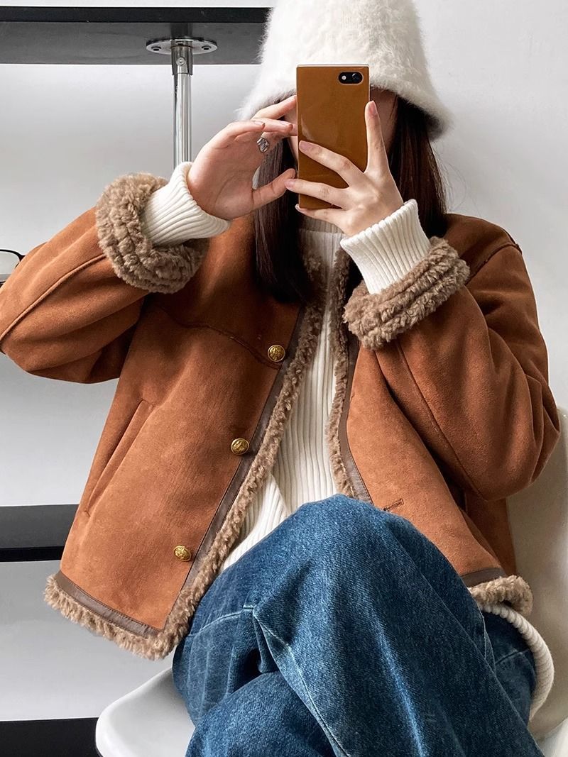 Damen-Winterjacke, Plüsch-Optik, gefüttert, lässiger Stil
