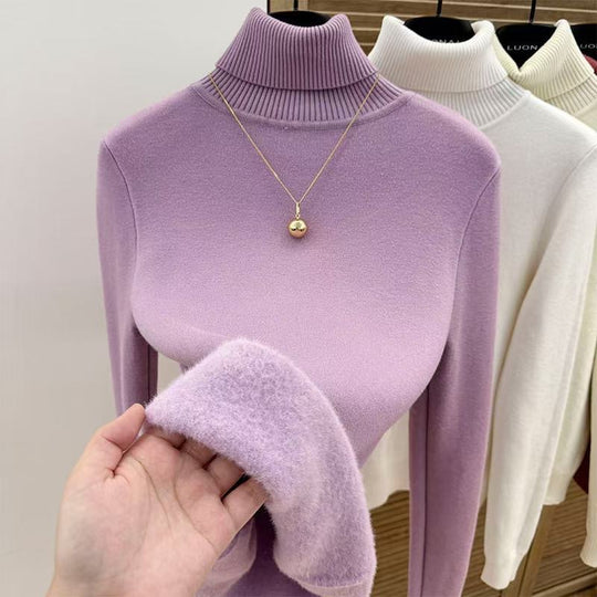 Gefütterter Damen-Rollkragenpullover, gestrickt, schmal geschnitten