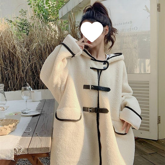 Lammfleece-Imitat Mantel mit Kapuze, mittellang