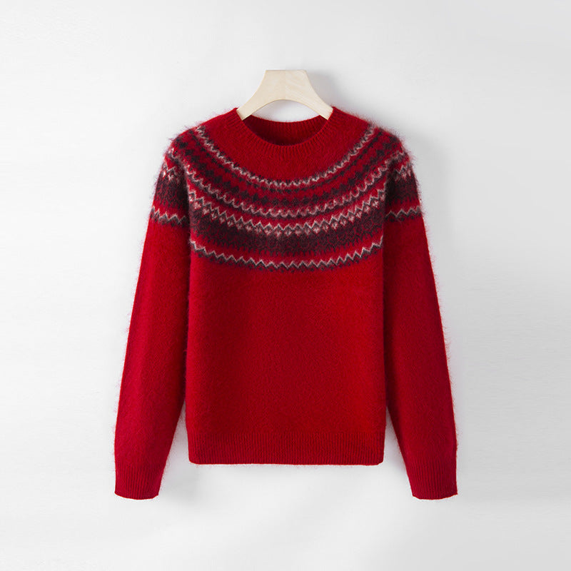 Damen-Wollpullover mit Reißverschluss und Jacquard-Muster