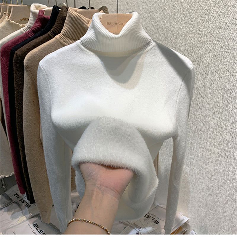 Gefütterter Damen-Strickpullover mit hohem Kragen