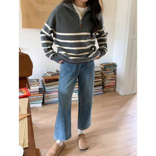 Damen-Strickpullover mit Reißverschluss und Streifenmuster