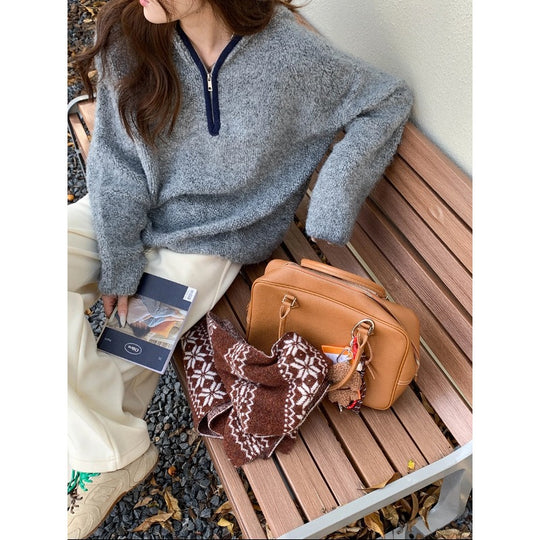 Lässiger Strickpullover mit Reißverschluss und Fleece-Optik