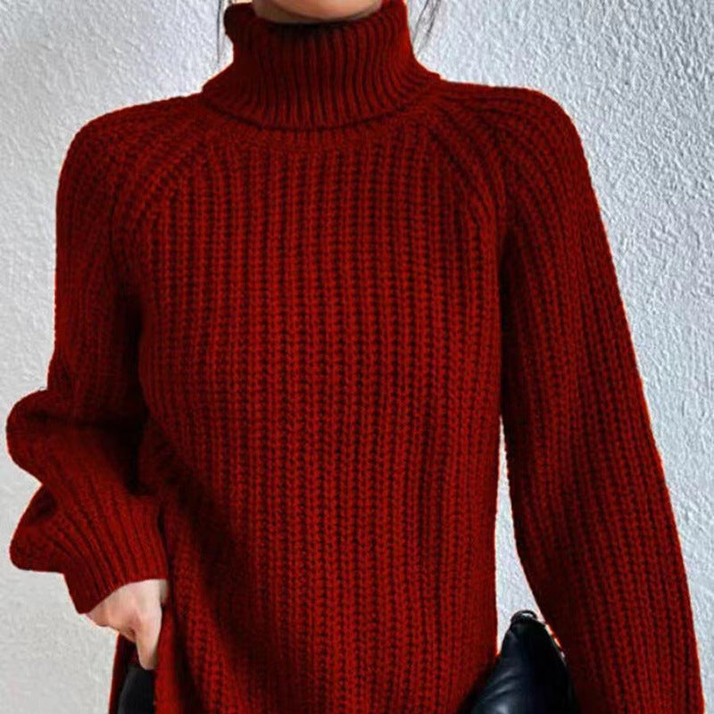 Damen-Strickpullover, mittellang mit hohem Kragen