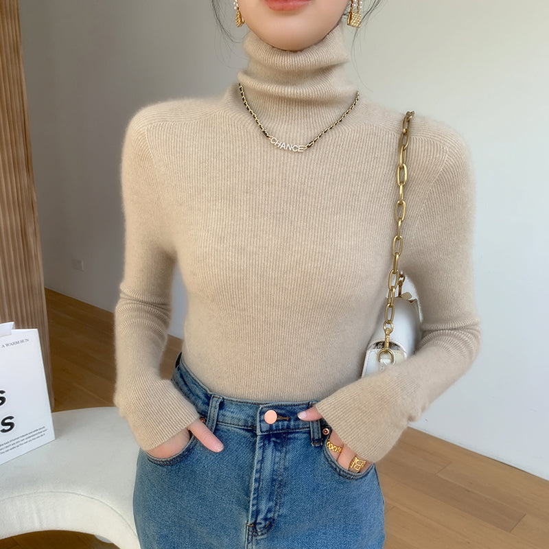 Damen-Rollkragenpullover aus Kaschmir, gerippt, schmal geschnitten