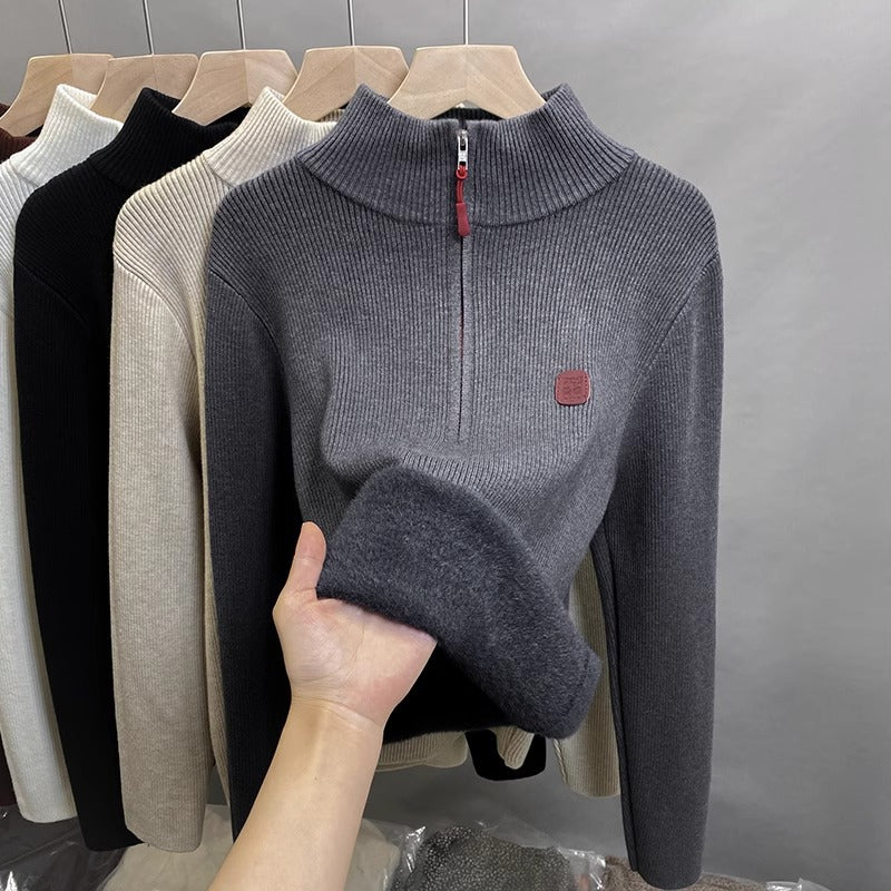 Damen-Strickpullover mit Stehkragen und Fleecefutter