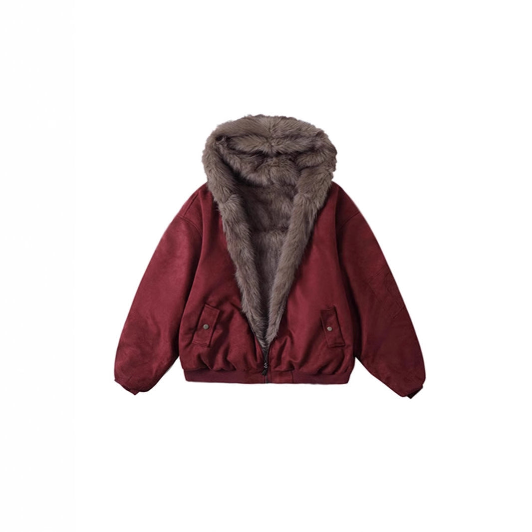 Wendbare Kapuzenjacke aus Wildlederimitat und Kunstfell