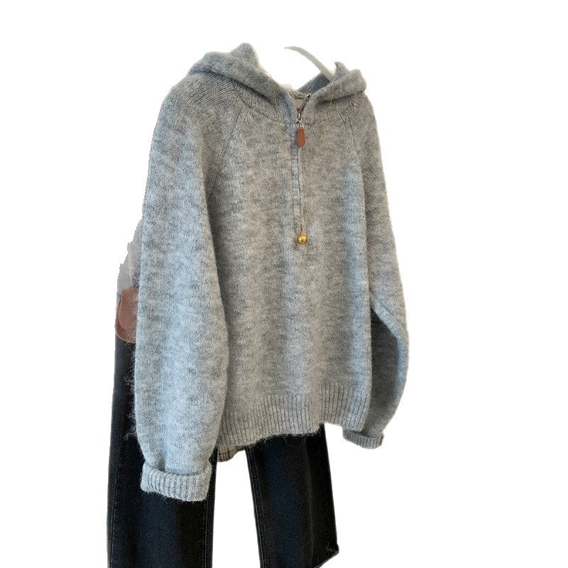 Damen-Strickpullover mit Kapuze und halbem Reißverschluss