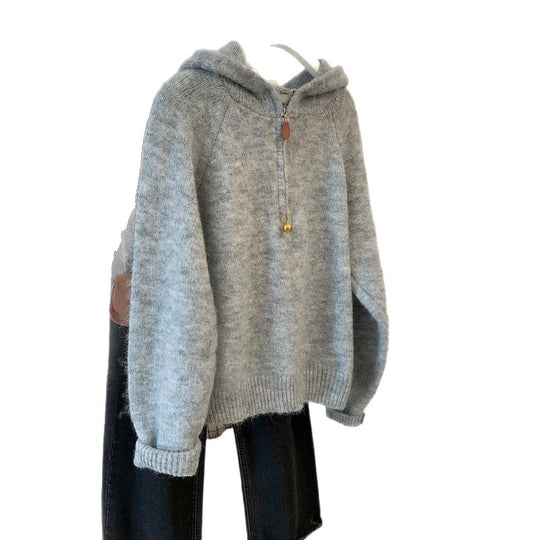 Damen-Strickpullover mit Kapuze und halbem Reißverschluss