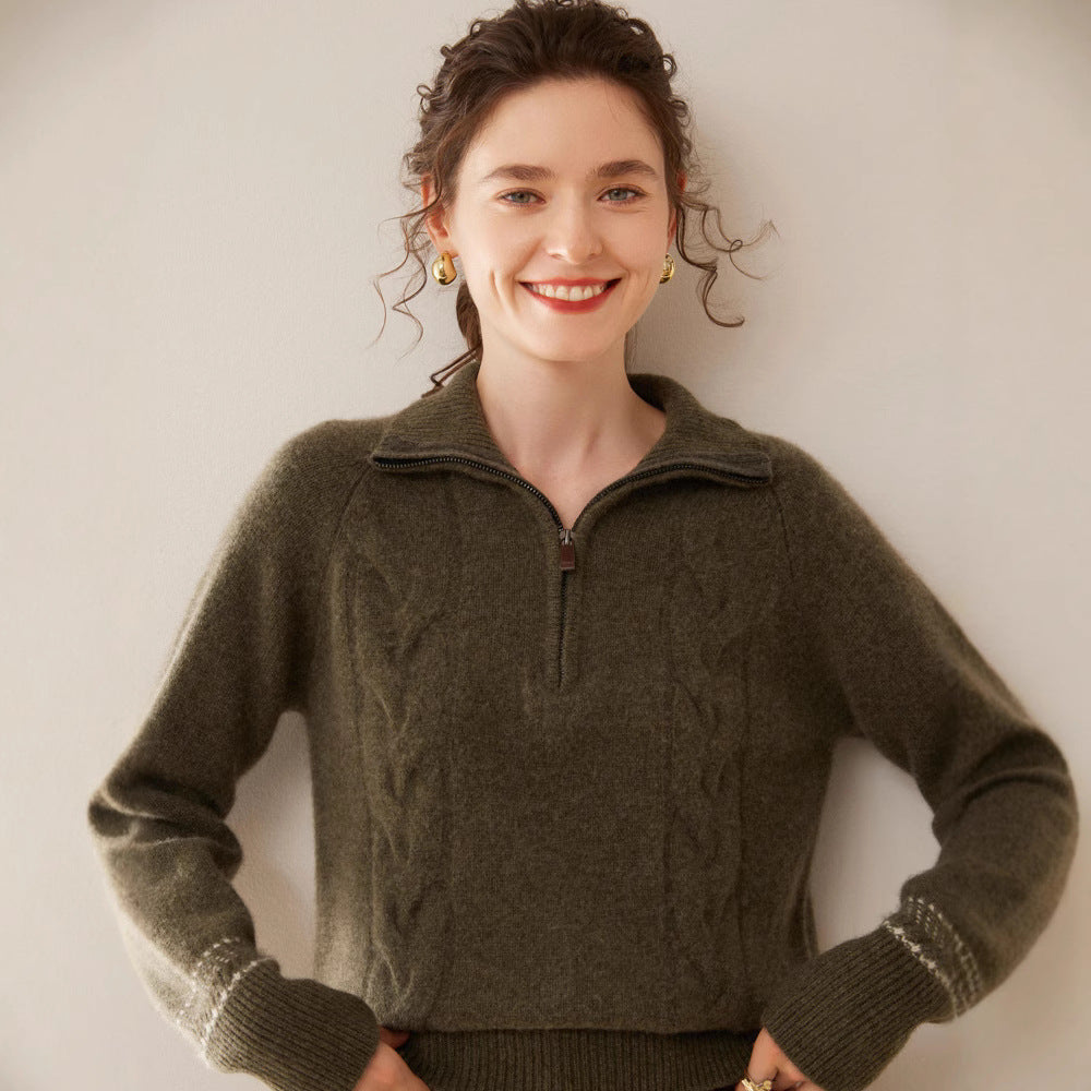 Damen-Kaschmirpullover mit Stehkragen und Reißverschluss