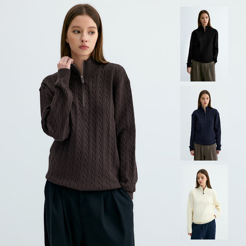 Klassischer Strickpullover mit Zopfmuster und Reißverschluss