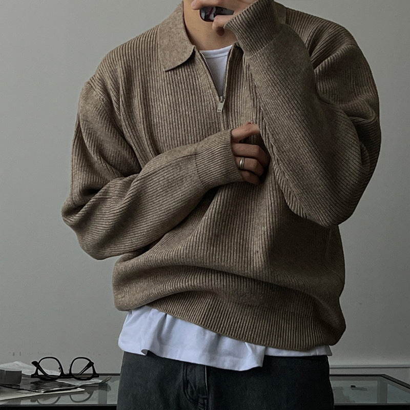 Herren-Strickpullover mit halbem Reißverschluss und Polokragen