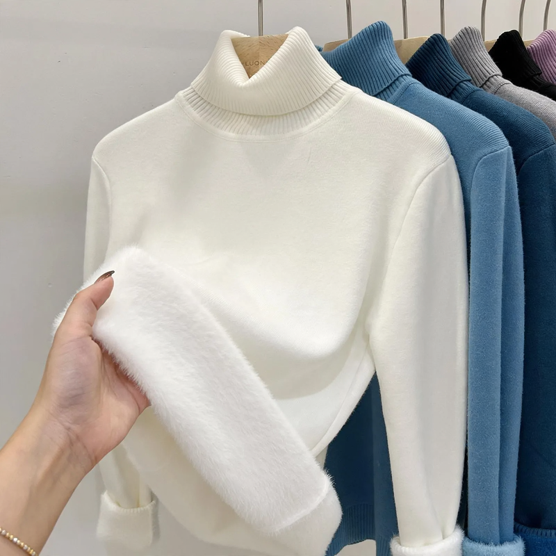 Damen-Rollkragenpullover, gefüttert, warm, Langarm