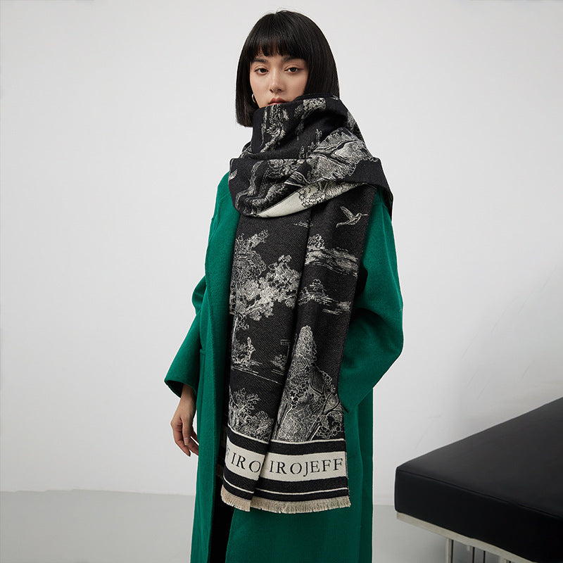 Jacquard-Schal mit Landschaftsmotiv, Kunstkaschmir, 180x65 cm