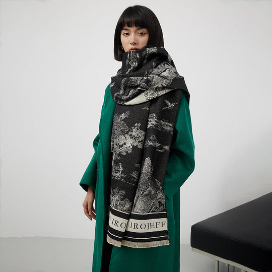 Jacquard-Schal mit Landschaftsmotiv, Kunstkaschmir, 180x65 cm