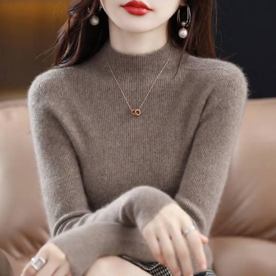Damen-Kaschmirpullover, nahtlos, 100% Wolle, Stehkragen