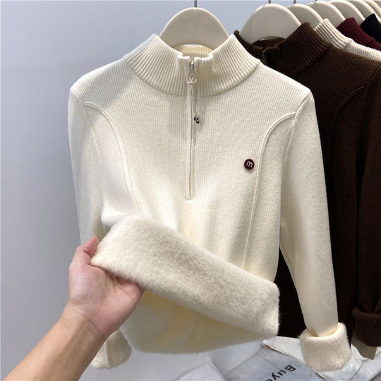 Gefütterter Damen-Strickpullover mit Reißverschluss und Stehkragen