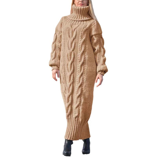 Langer Damen-Rollkragenpullover mit Zopfmuster