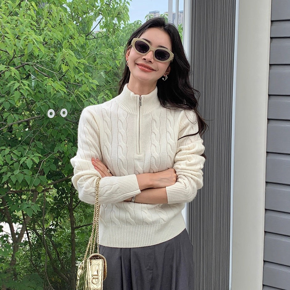 Damen-Strickpullover mit Stehkragen und Reißverschluss