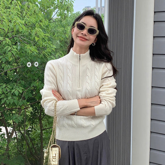 Damen-Strickpullover mit Stehkragen und Reißverschluss