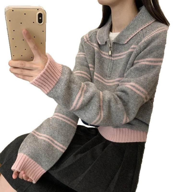 Damen-Strickpullover mit Reißverschluss und Streifenmuster