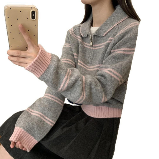 Damen-Strickpullover mit Reißverschluss und Streifenmuster