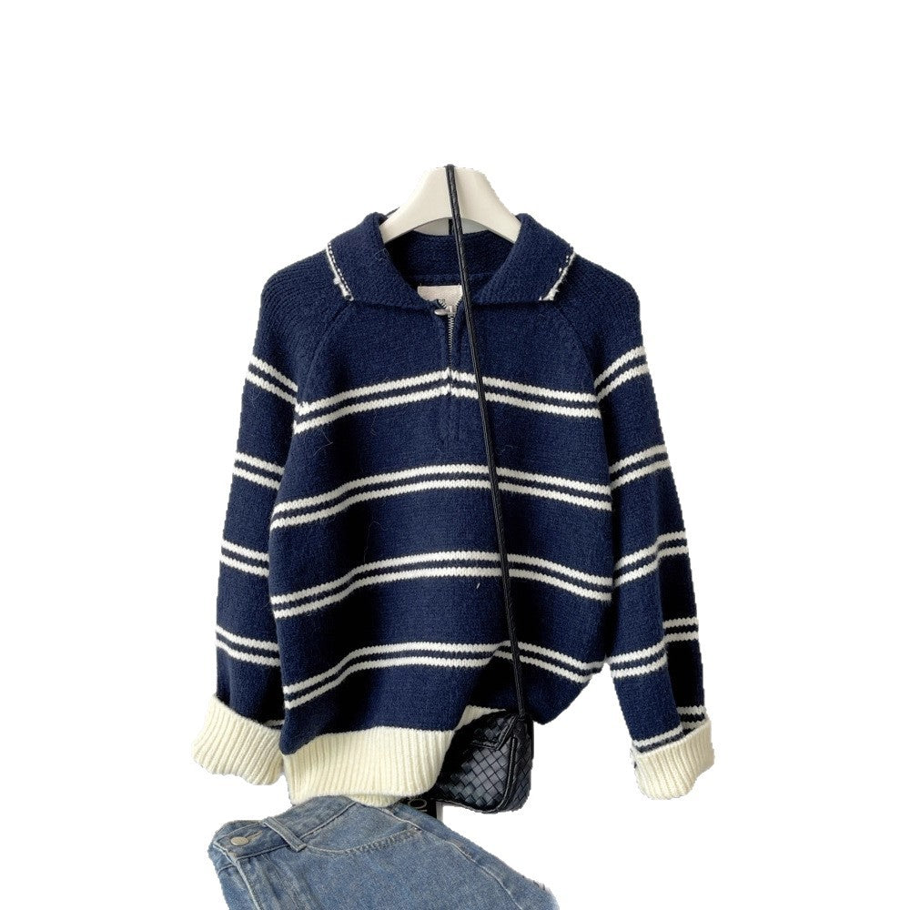 Damen-Strickpullover mit Streifen und Reißverschluss