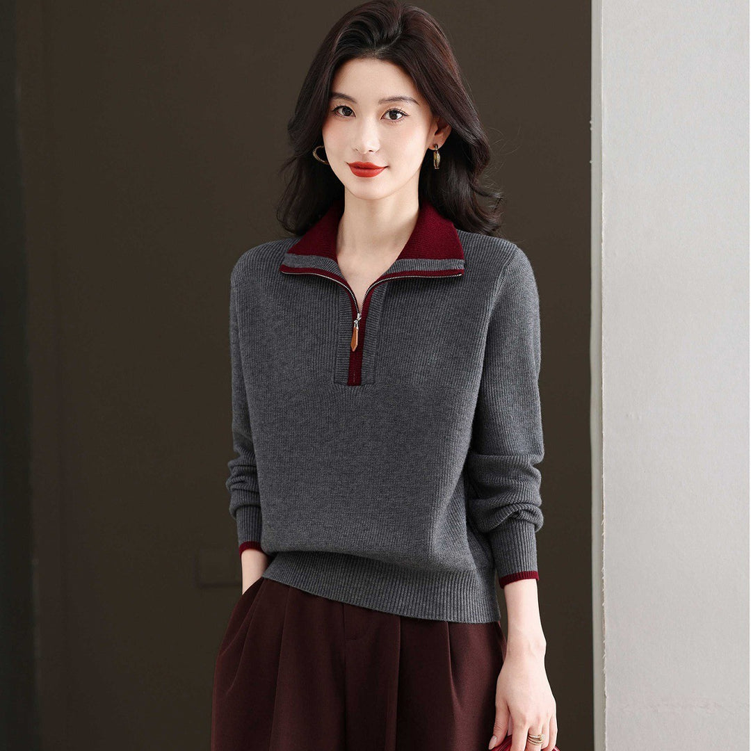 Damen-Strickpullover mit Reißverschluss und Kontrastfarben