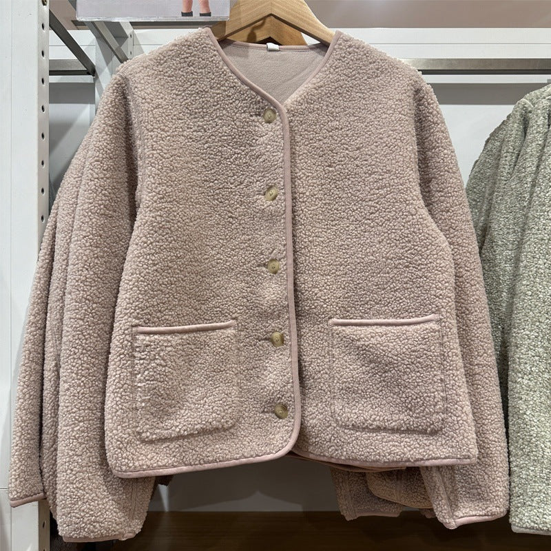 Damen-Strickjacke aus Lammfell-Imitat und Fleece