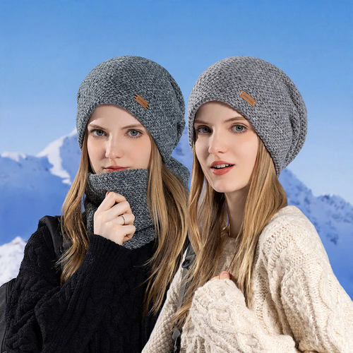 Damen Strickmütze und Schal Set, gefüttert, Winter