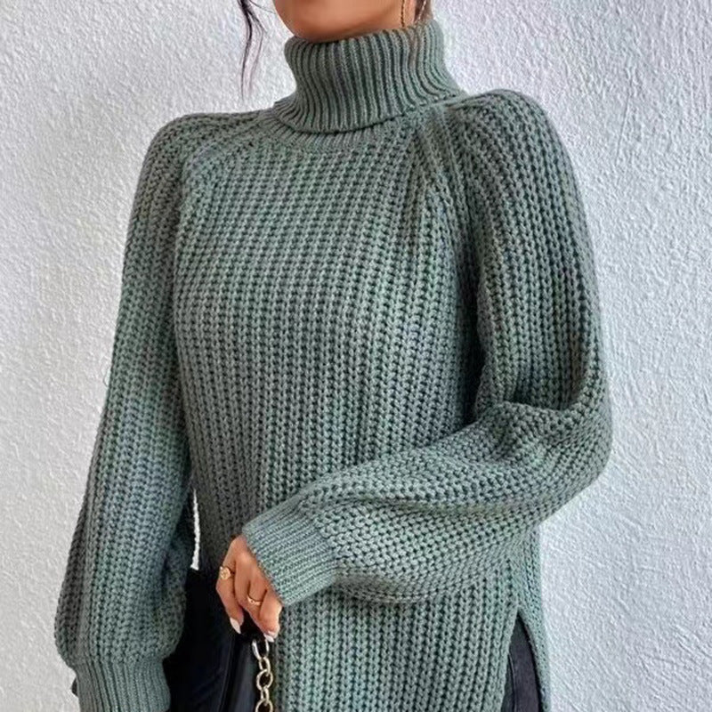 Damen-Strickpullover, mittellang mit hohem Kragen