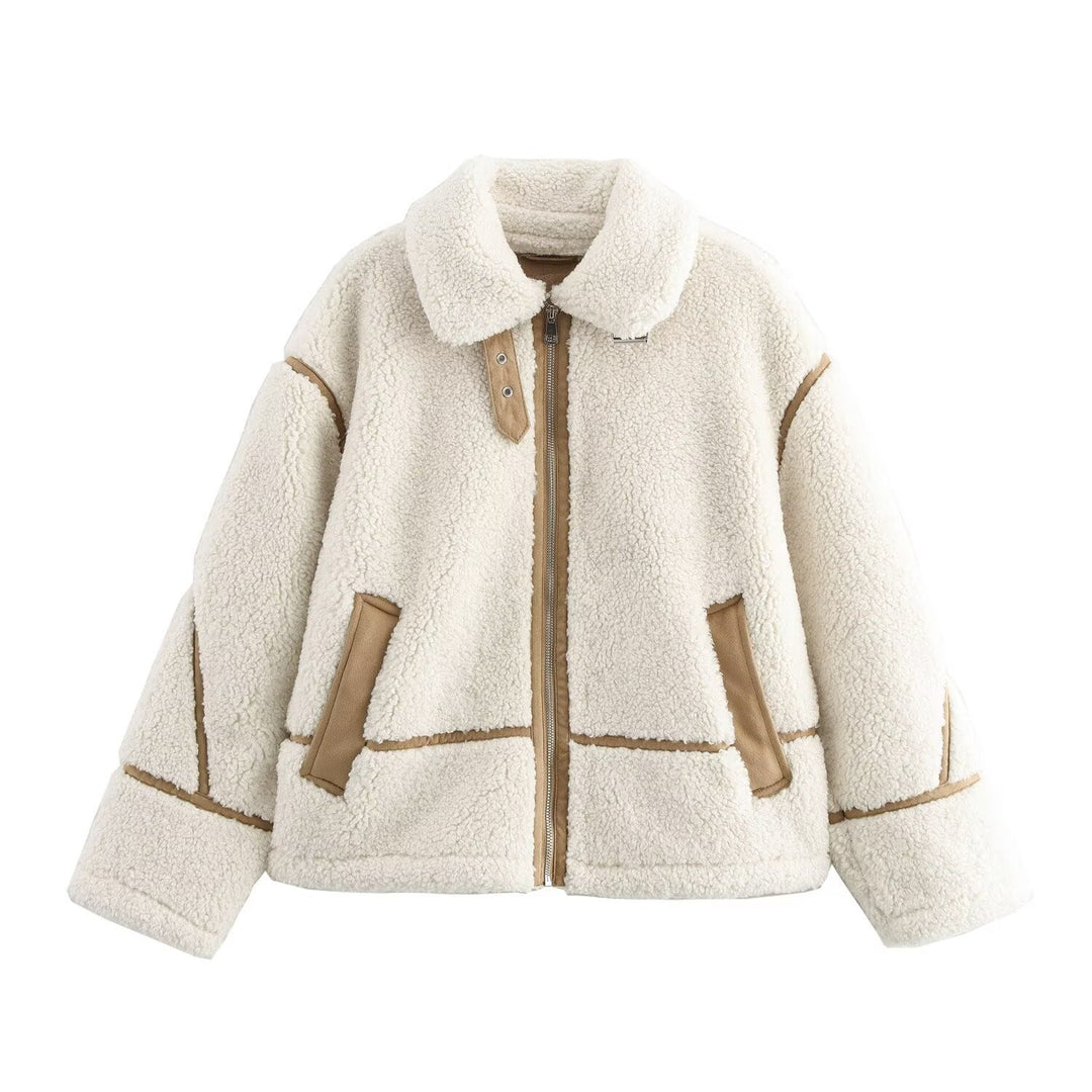 Modische Patchwork-Jacke mit Lammfell-Optik