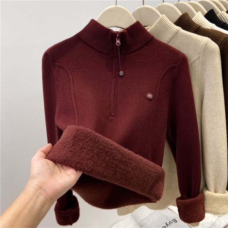 Gefütterter Damen-Strickpullover mit Reißverschluss und Stehkragen