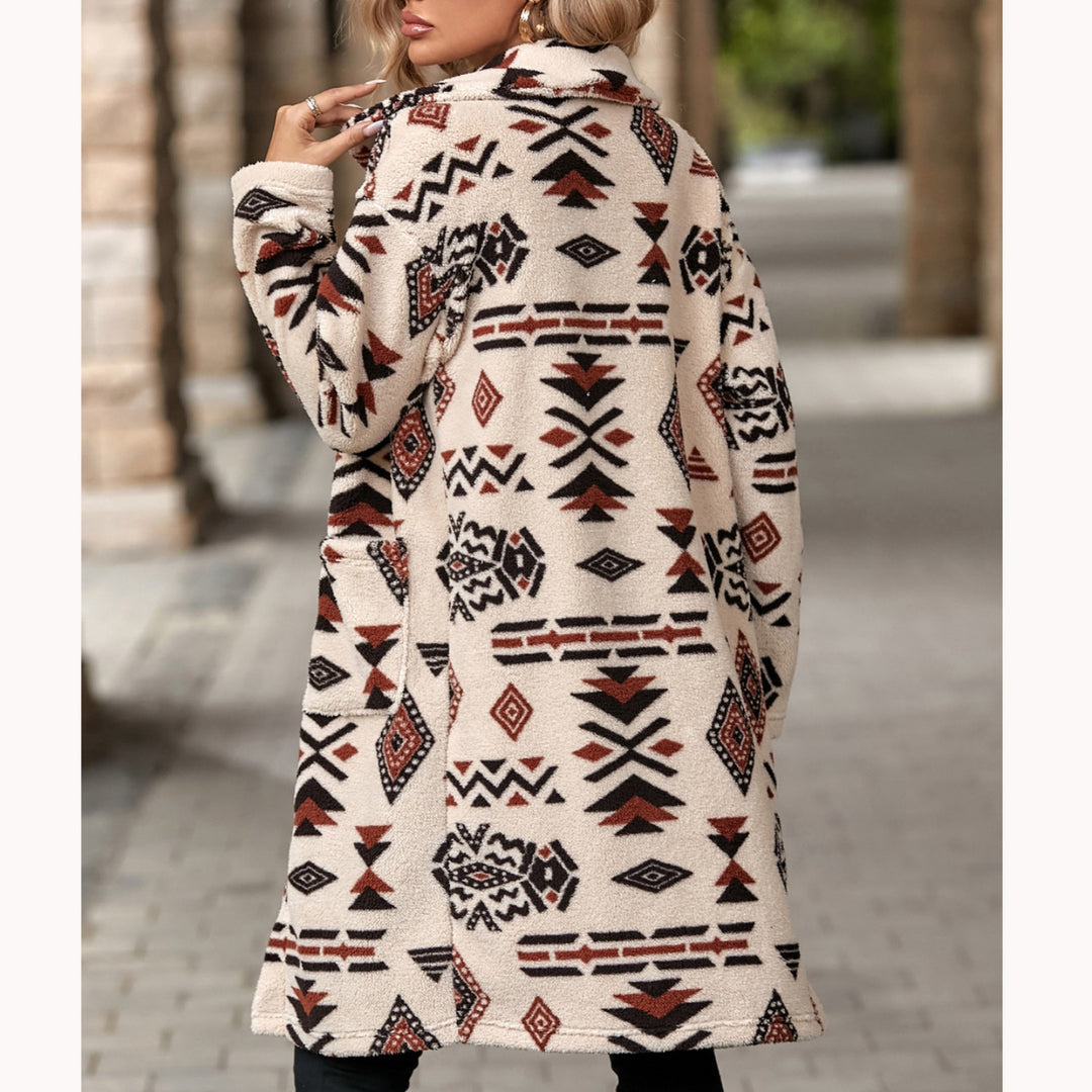 Damen-Mantel mit Ethno-Print, lang, geknöpft