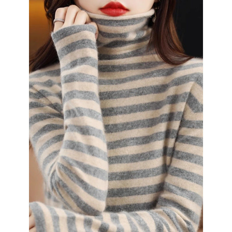 Damen-Strickpullover, gestreift, Stehkragen