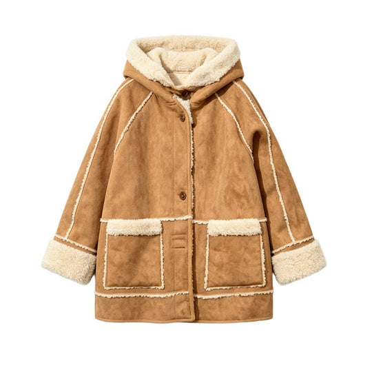 Damen-Mantel aus Wildlederimitat mit Lammfell-Futter
