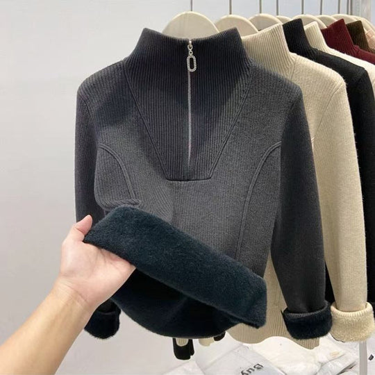 Damen-Strickpullover mit Stehkragen und Fleecefutter
