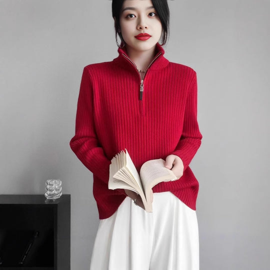 Damen-Strickpullover mit Reißverschluss und Fingerlöchern