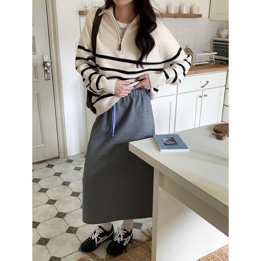Damen-Strickpullover mit Reißverschluss und Streifenmuster