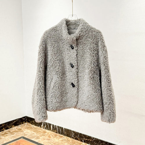 Damen-Lammfellimitat-Jacke mit Stehkragen
