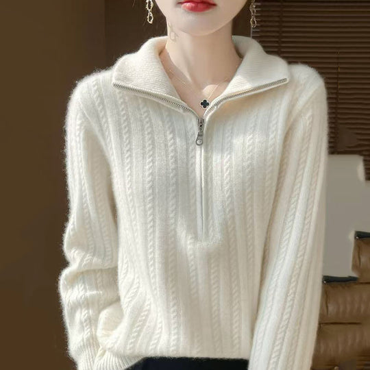 Damen-Strickpullover mit Zopfmuster und Reißverschluss