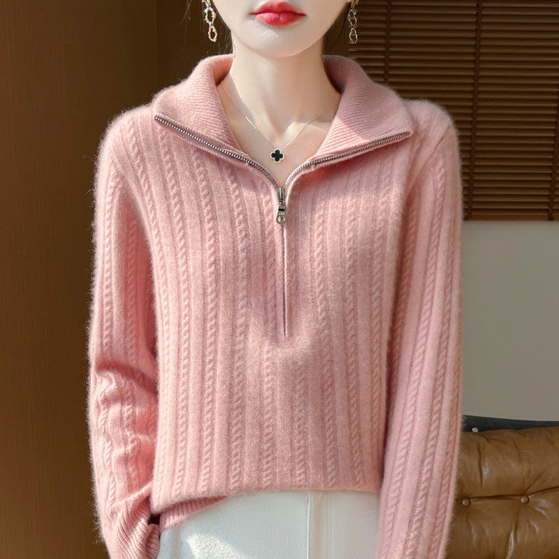 Damen-Wollpullover mit Zopfmuster und halbem Reißverschluss