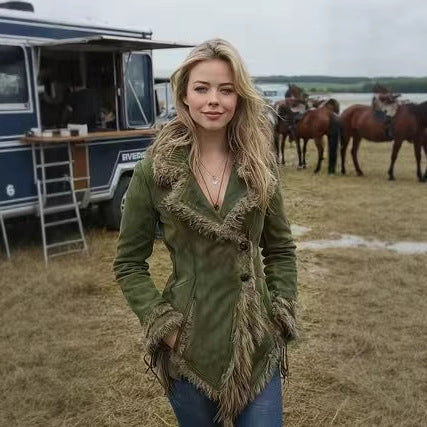 Damen-Wildlederimitat-Jacke mit Fellkragen und Revers