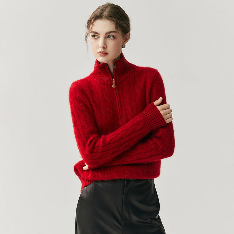 Damen-Strickpullover mit Reißverschluss und Zopfmuster