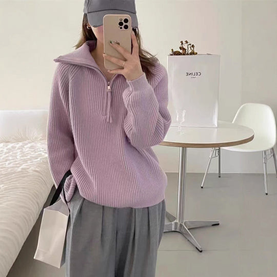 Damen-Strickpullover mit Reißverschluss, Rippstrick