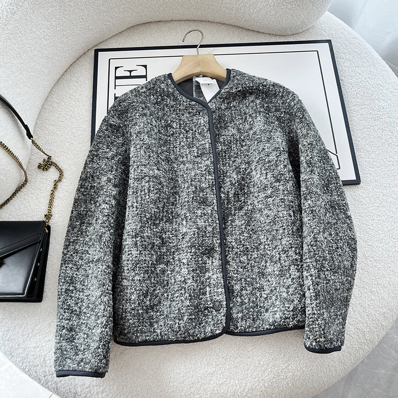 Warme Lammfleece-Strickjacke mit Rundhalsausschnitt für Damen
