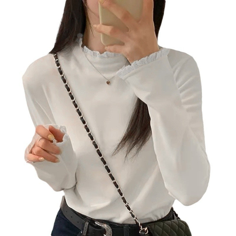 Damen-Unterziehshirt mit Spitzenbesatz und Stehkragen