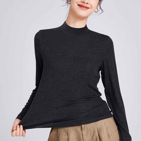 Damen-Langarmshirt aus Wollmischung mit Stehkragen